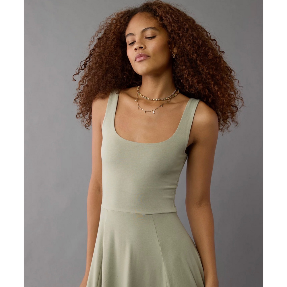 American Eagle Olive Green Scoop Neck Midi Dress With Slit - Picture 4 of 4